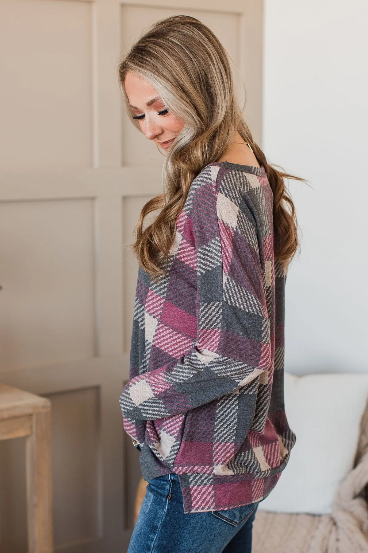 Caught By Surprise Plaid Knit Top- Charcoal