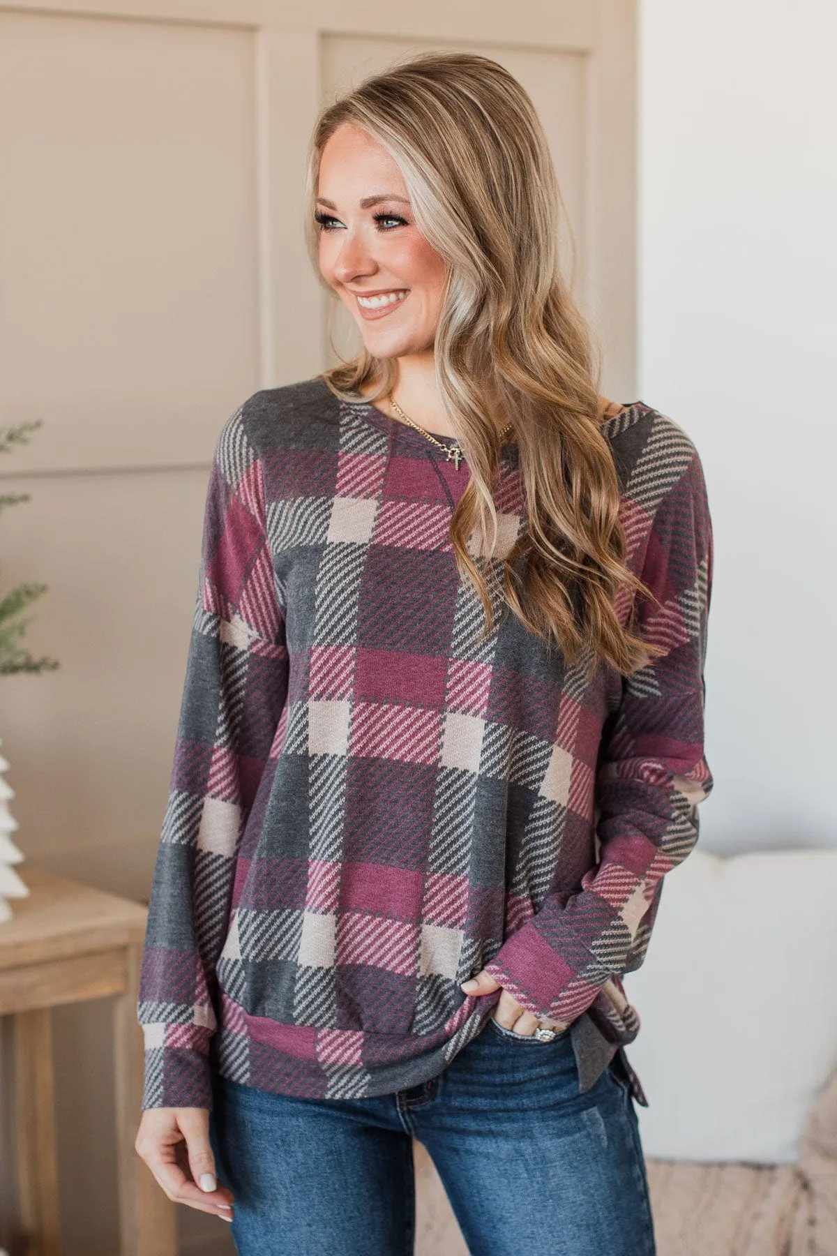 Caught By Surprise Plaid Knit Top- Charcoal