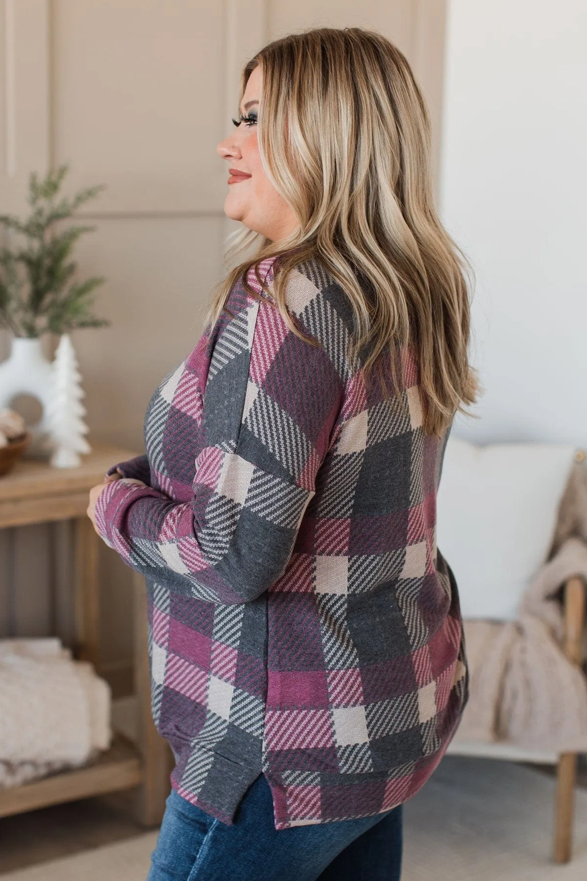 Caught By Surprise Plaid Knit Top- Charcoal