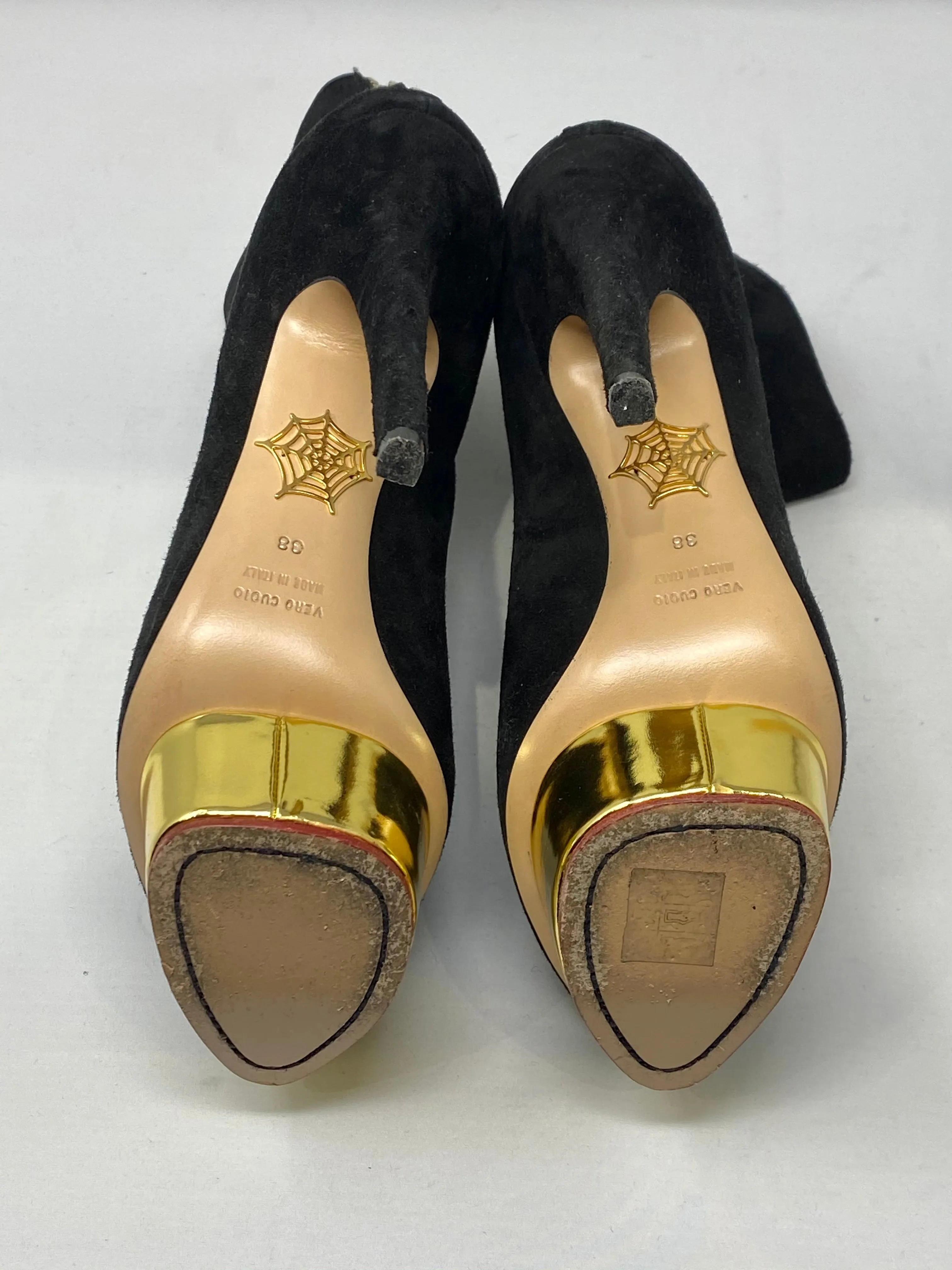 Charlotte Olympia Black Suede Platform Heeled Booties with Gold Platform