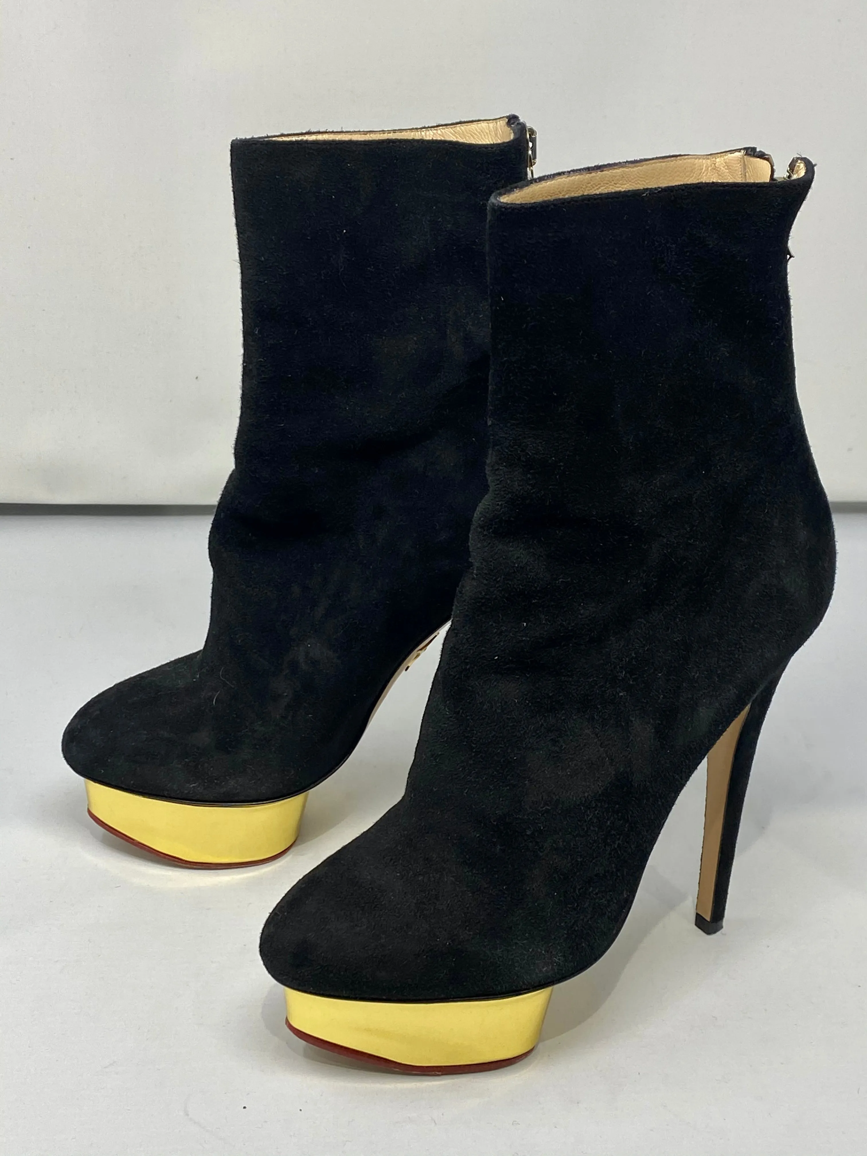 Charlotte Olympia Black Suede Platform Heeled Booties with Gold Platform