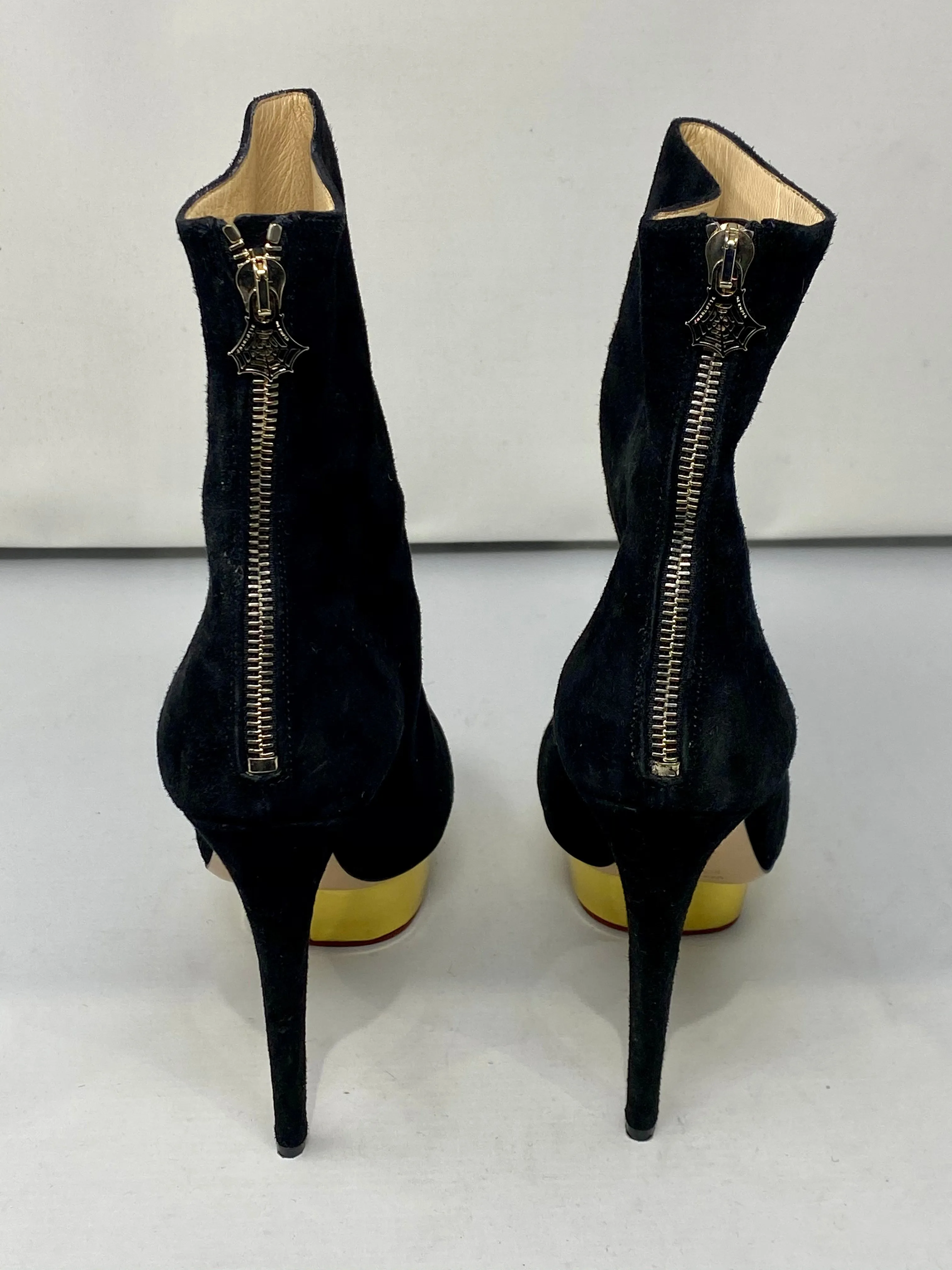 Charlotte Olympia Black Suede Platform Heeled Booties with Gold Platform