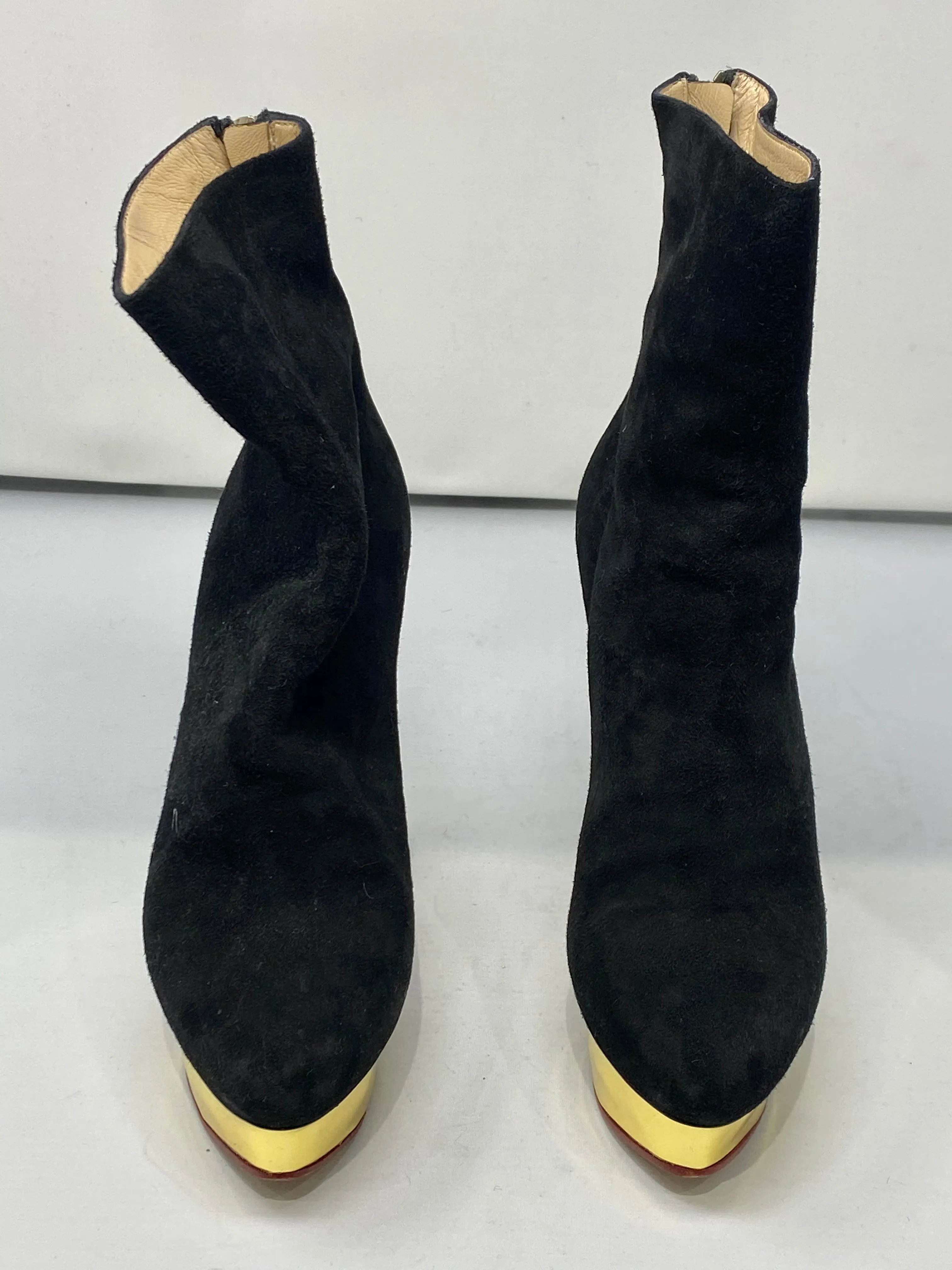 Charlotte Olympia Black Suede Platform Heeled Booties with Gold Platform