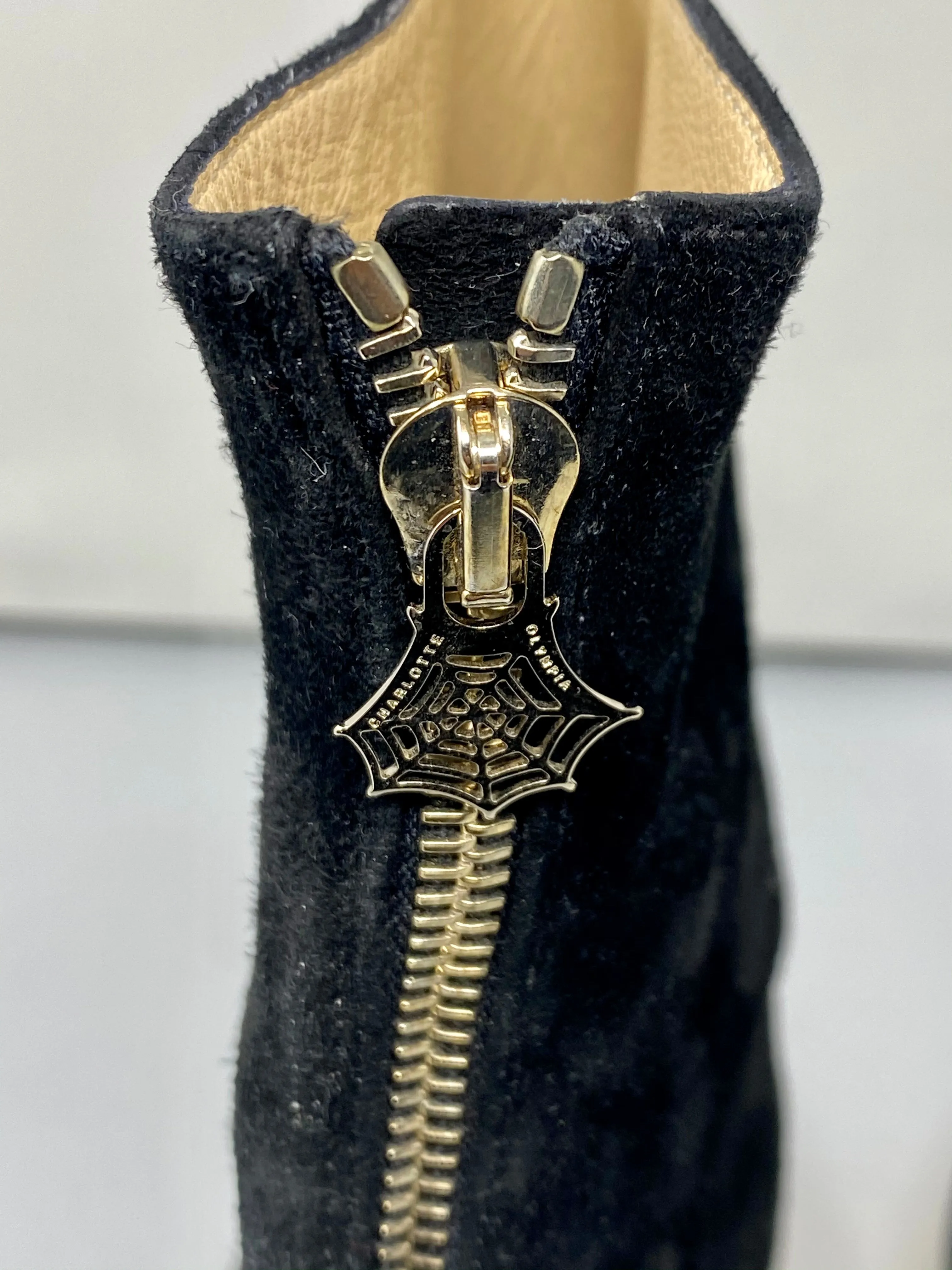 Charlotte Olympia Black Suede Platform Heeled Booties with Gold Platform