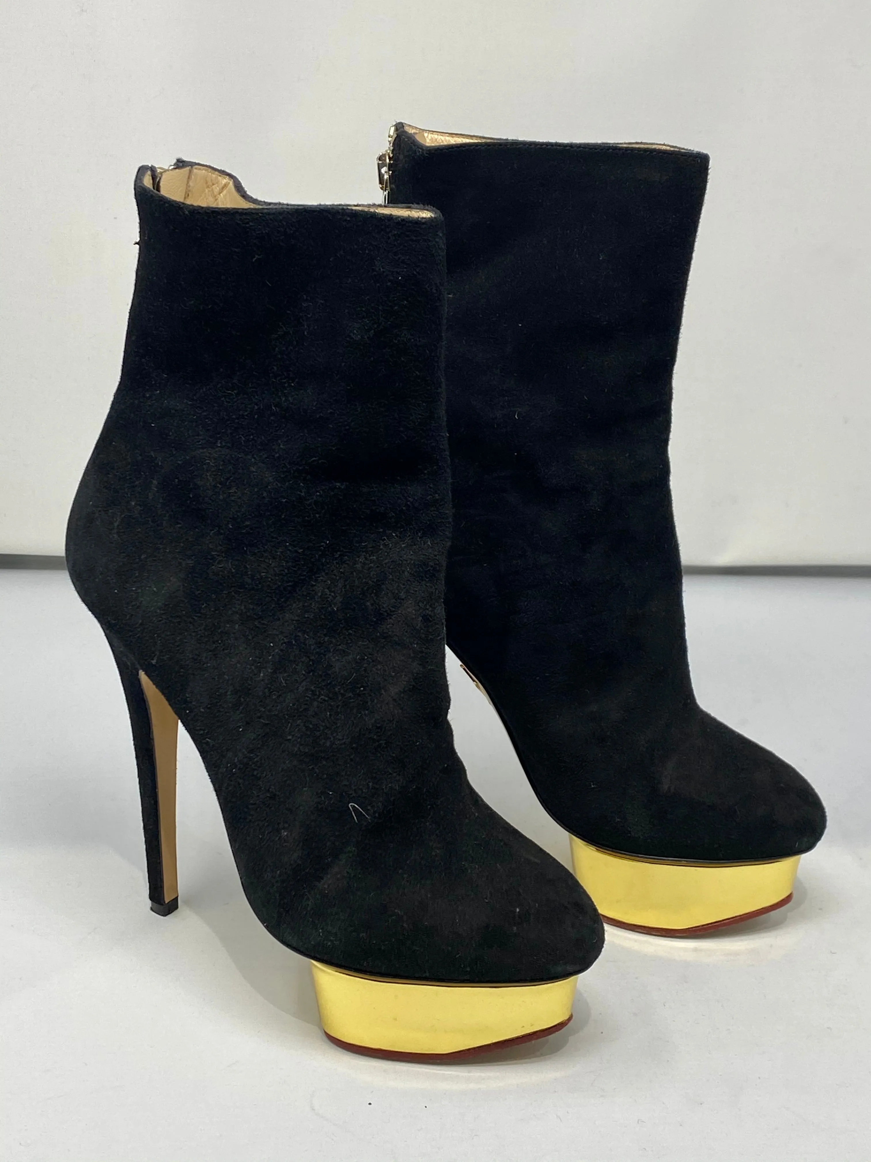 Charlotte Olympia Black Suede Platform Heeled Booties with Gold Platform