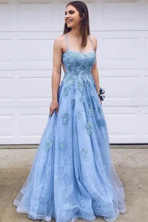 Charming A Line Blue Lace Tulle Spaghetti Straps Long Prom Dress Evening Dress With Applique OHC379