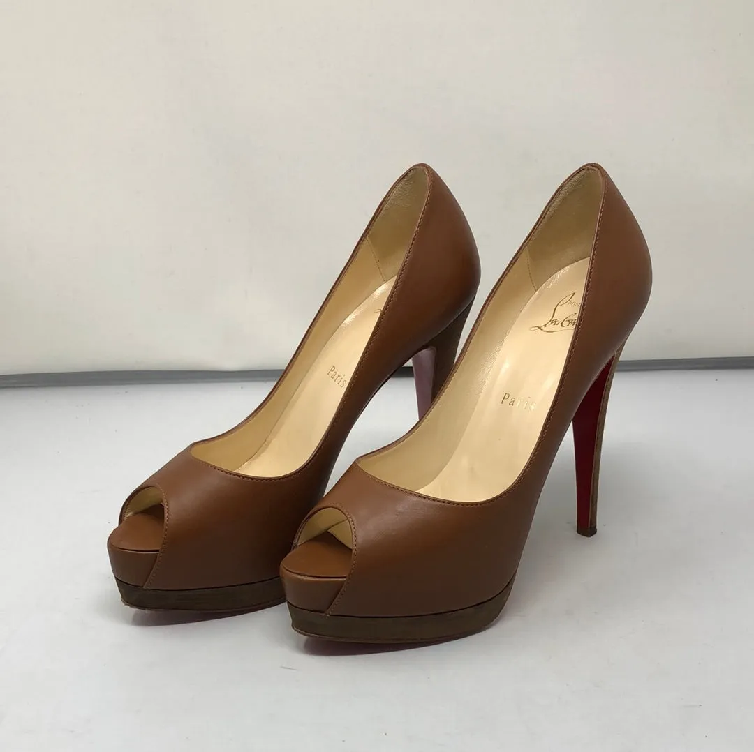 Christian Louboutin Caramel Leather Peep Toe Platform Heel