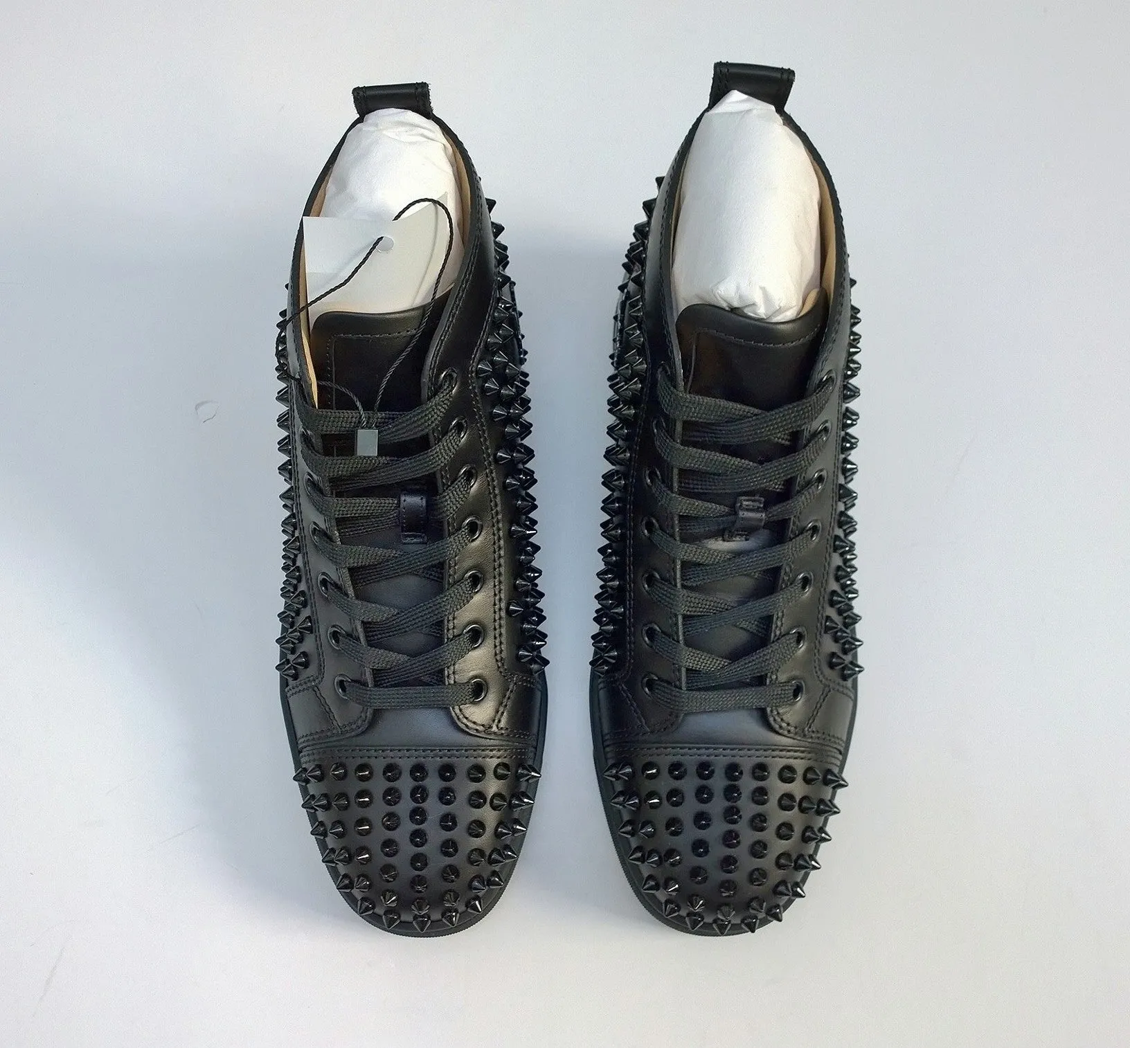 Christian Louboutin Louis Orlato Flat High Top Black Leather Sneakers with Spikes