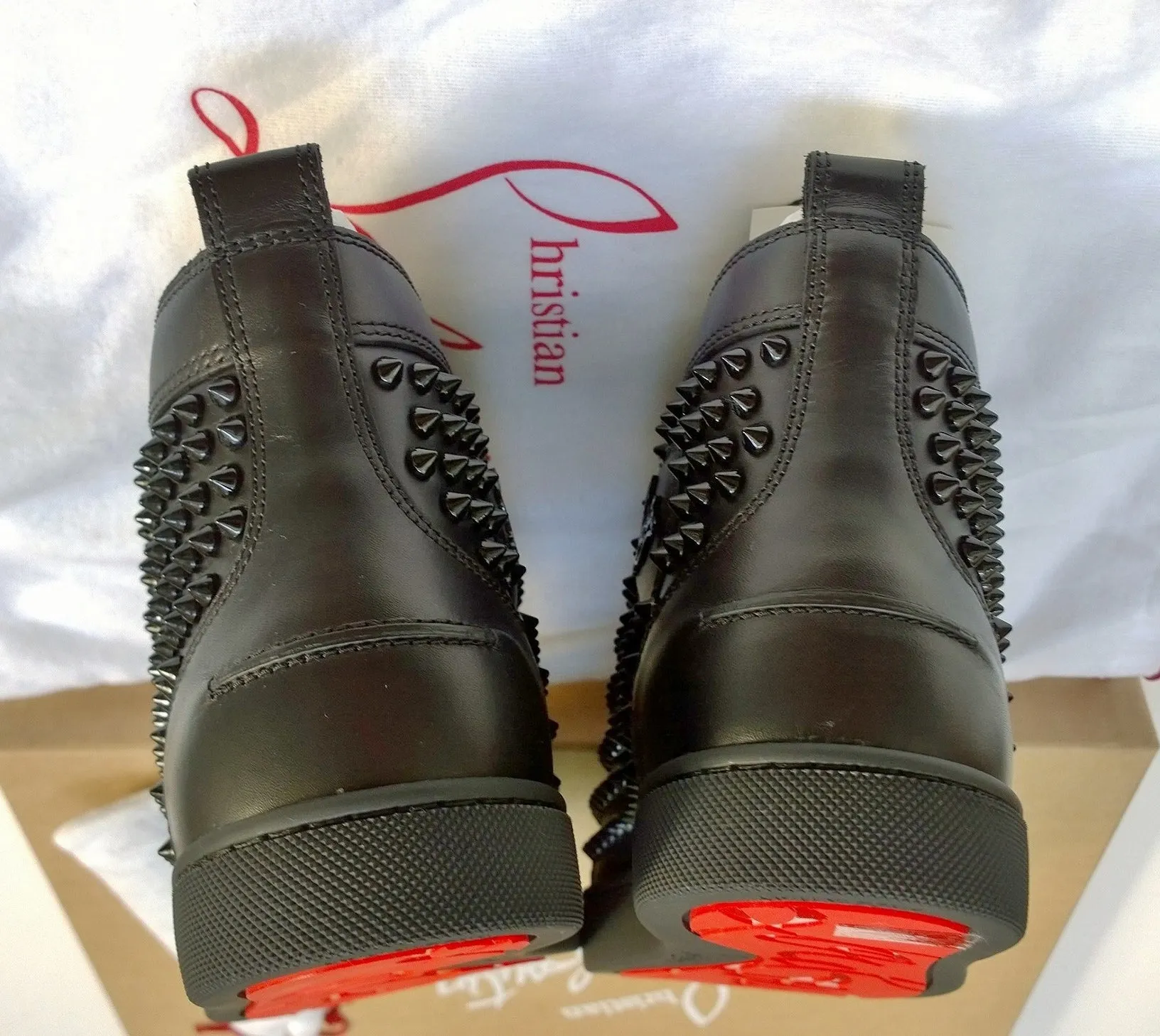 Christian Louboutin Louis Orlato Flat High Top Black Leather Sneakers with Spikes