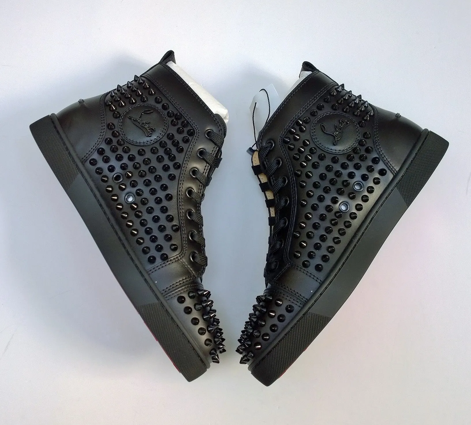Christian Louboutin Louis Orlato Flat High Top Black Leather Sneakers with Spikes
