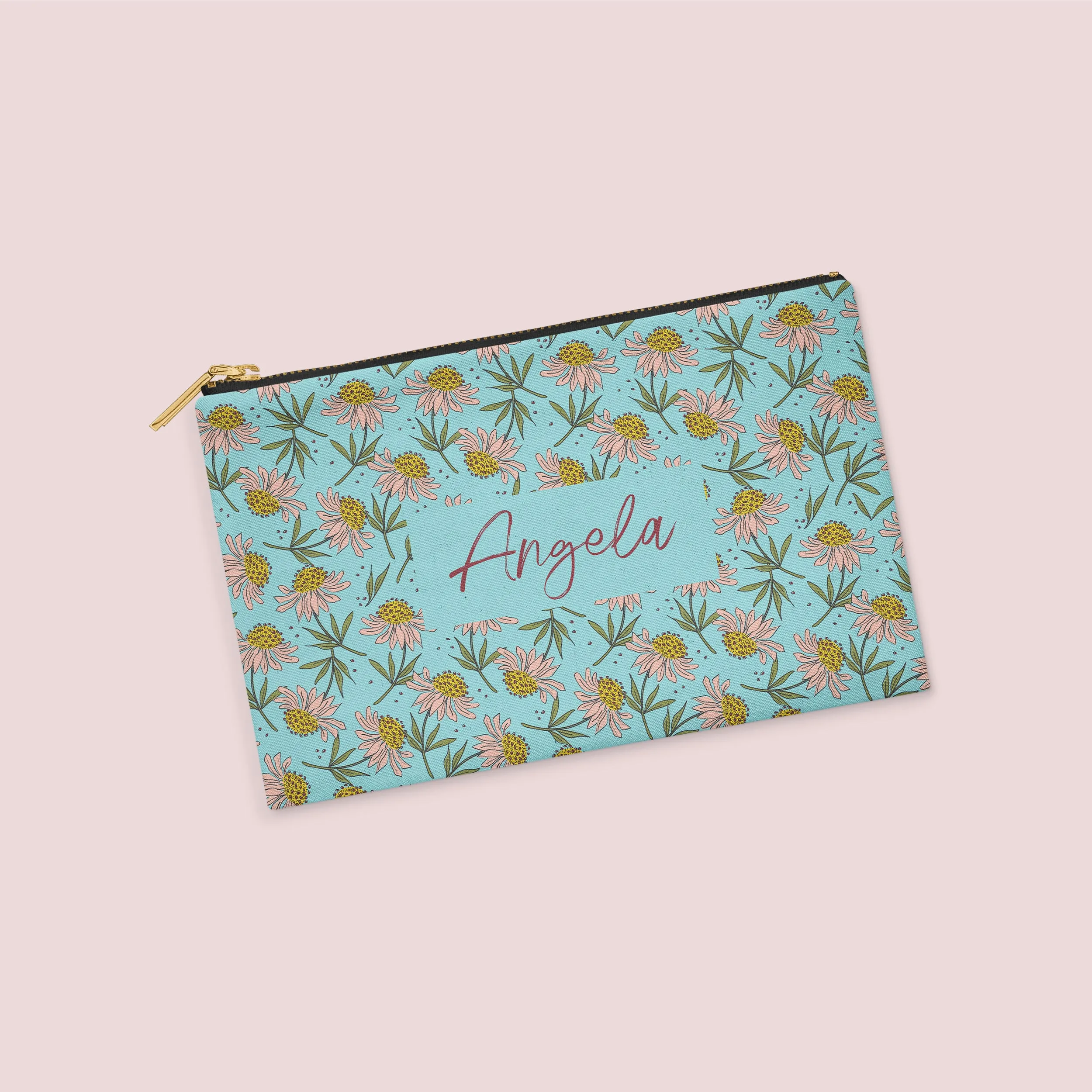 Cone Flower Personalized Zipper Pouch (on blue)