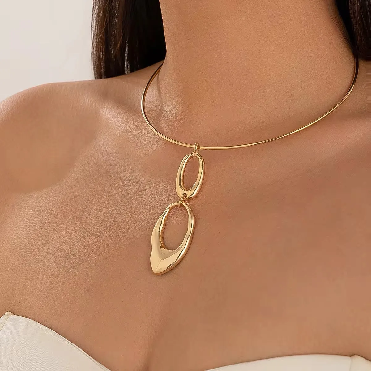 Creative Elegant Irregular Double Round Circle Pendant Necklace