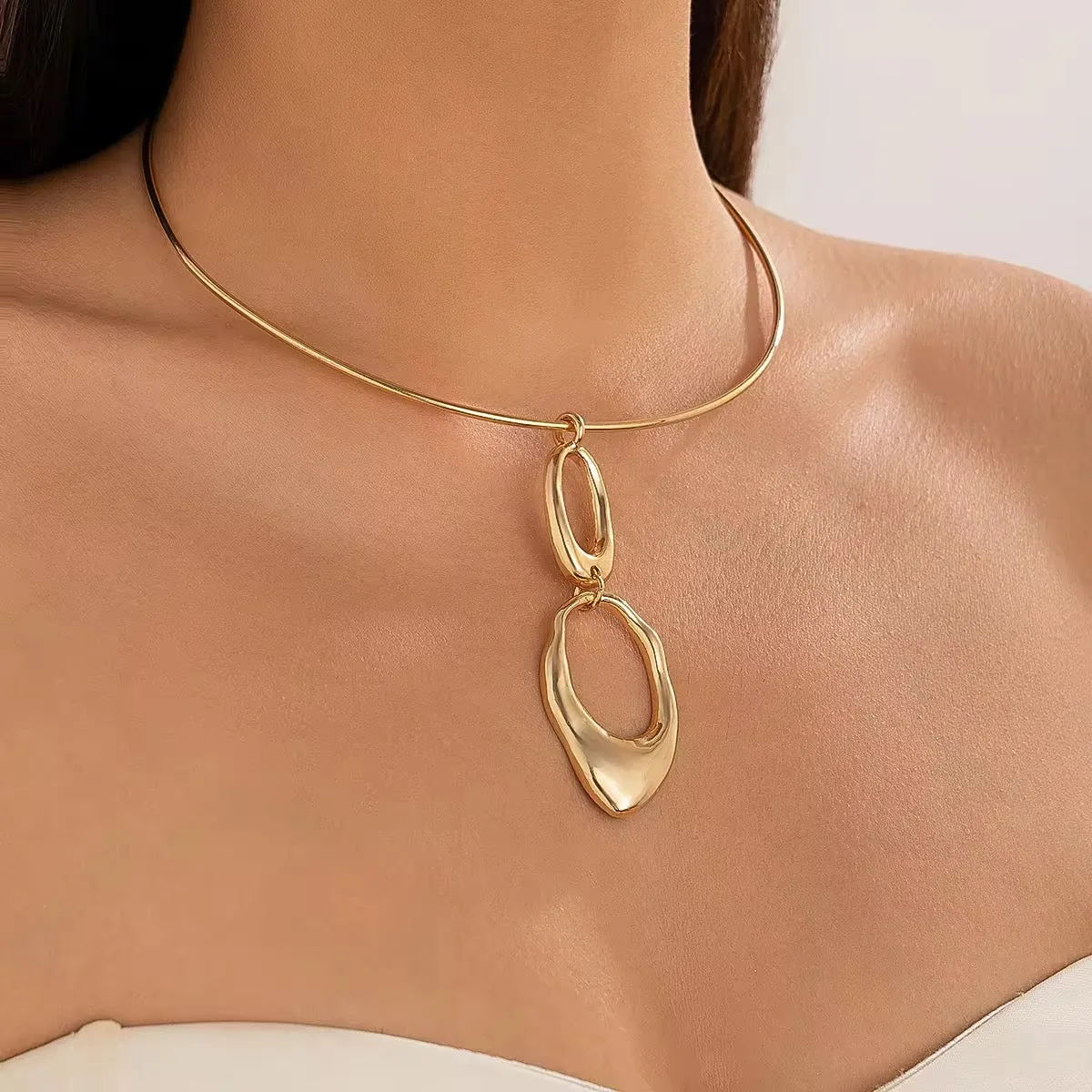Creative Elegant Irregular Double Round Circle Pendant Necklace