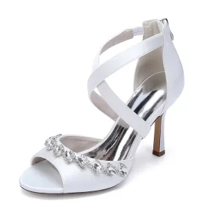 Crystal Detail Cross Strap Sandals Hand-Made Wedding Shoes Zipper Back Dress Heels