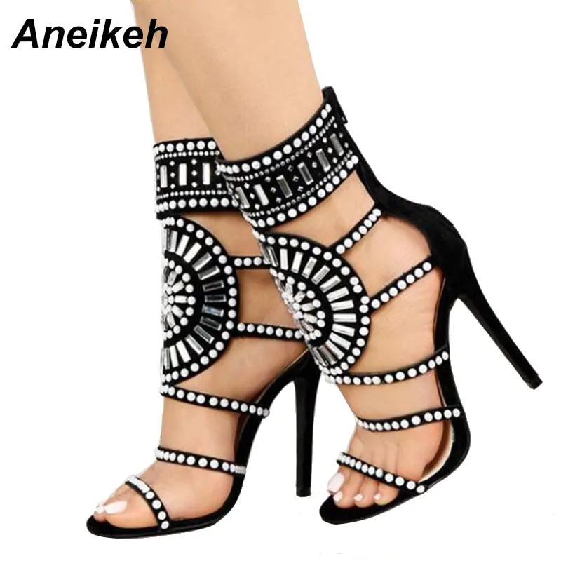 Crystal Rhinestone Ankle Wrap High Heel Sandals with Open-Toe