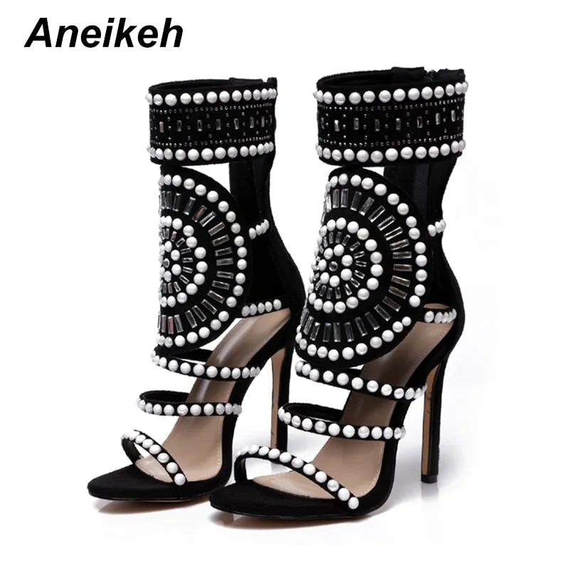 Crystal Rhinestone Ankle Wrap High Heel Sandals with Open-Toe