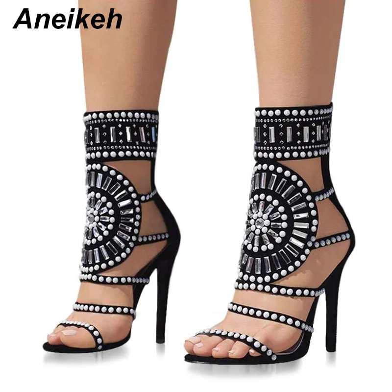 Crystal Rhinestone Ankle Wrap High Heel Sandals with Open-Toe