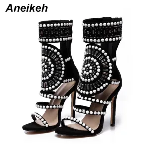 Crystal Rhinestone Ankle Wrap High Heel Sandals with Open-Toe