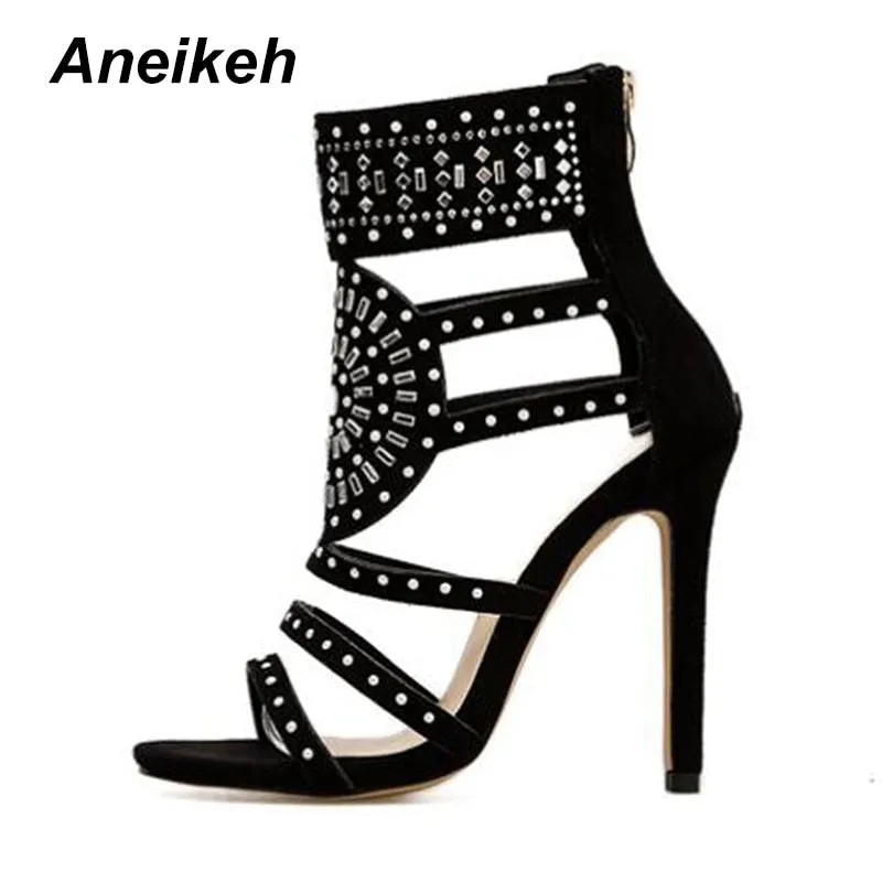 Crystal Rhinestone Ankle Wrap High Heel Sandals with Open-Toe