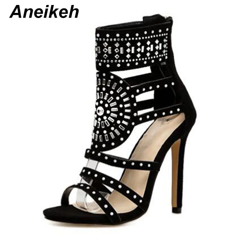 Crystal Rhinestone Ankle Wrap High Heel Sandals with Open-Toe