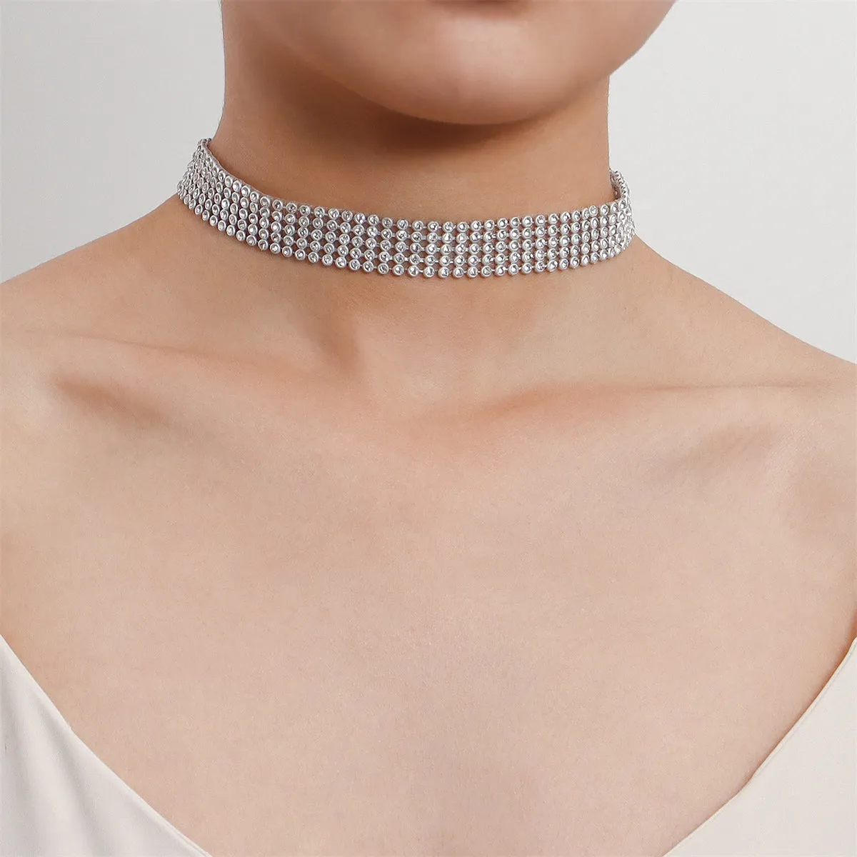 Cubic Zirconia & Silver-Plated Strand Choker Necklace