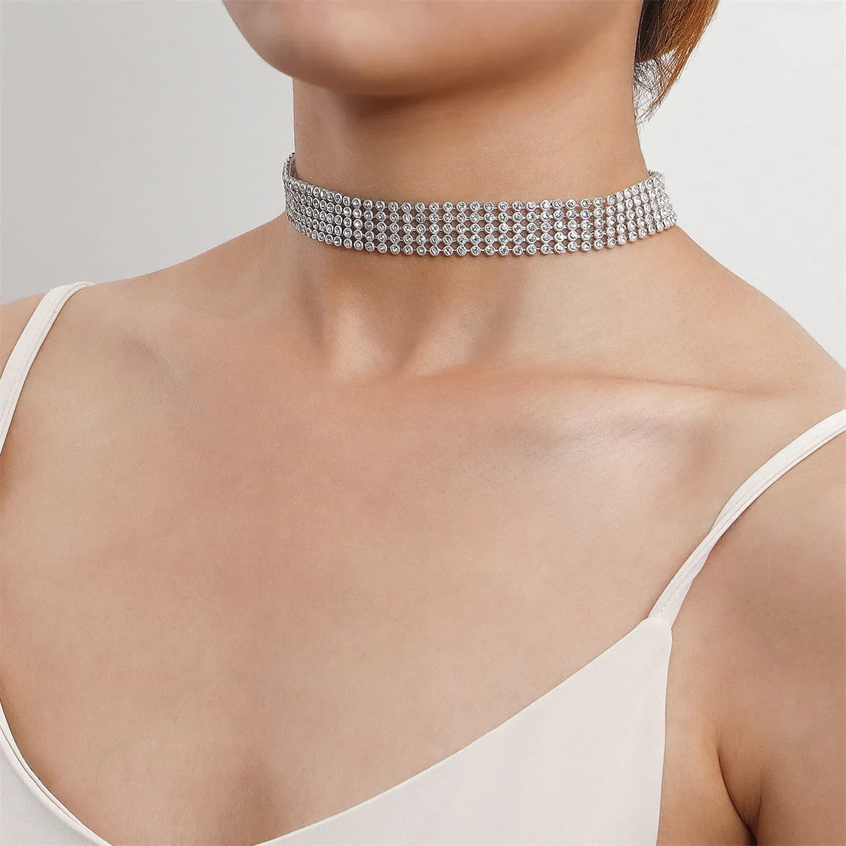 Cubic Zirconia & Silver-Plated Strand Choker Necklace