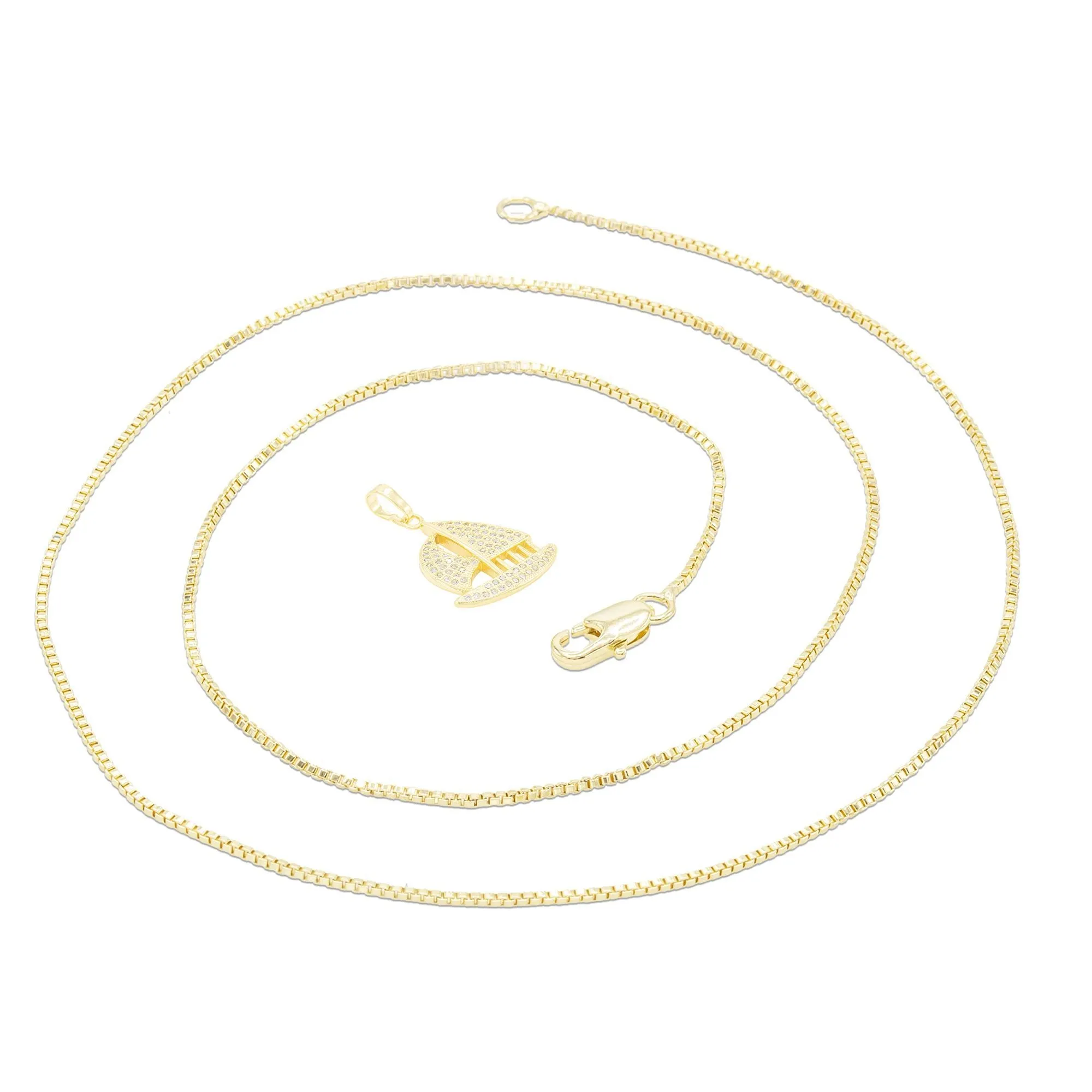 Cubic Zirconia Sail Boat Pendant 14K Gold Filled Necklace Set