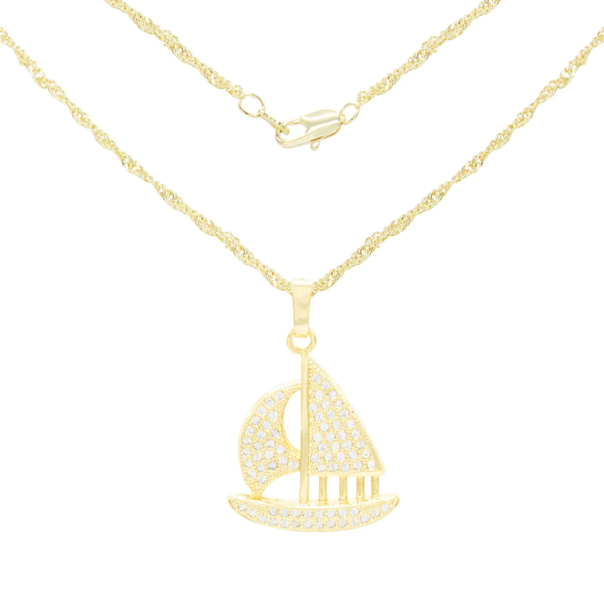 Cubic Zirconia Sail Boat Pendant 14K Gold Filled Necklace Set