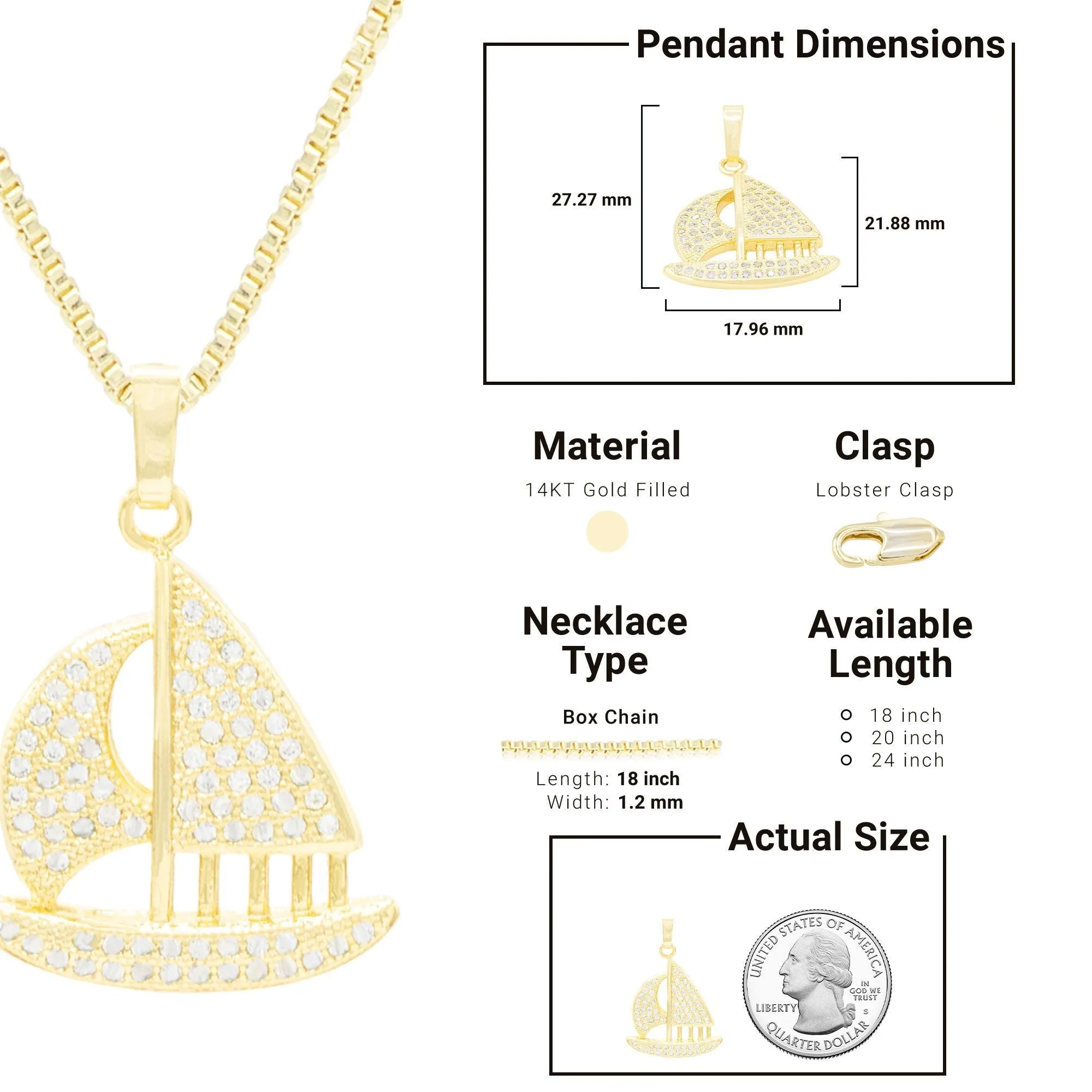 Cubic Zirconia Sail Boat Pendant 14K Gold Filled Necklace Set