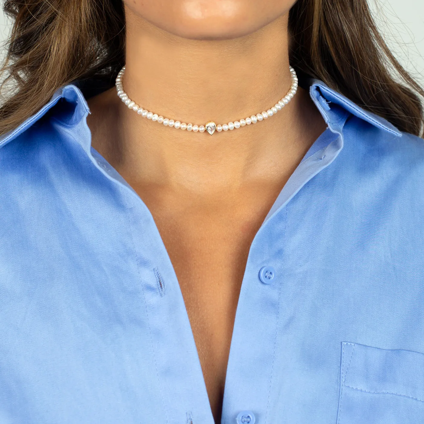 CZ Teardrop Bezel Pearl Choker