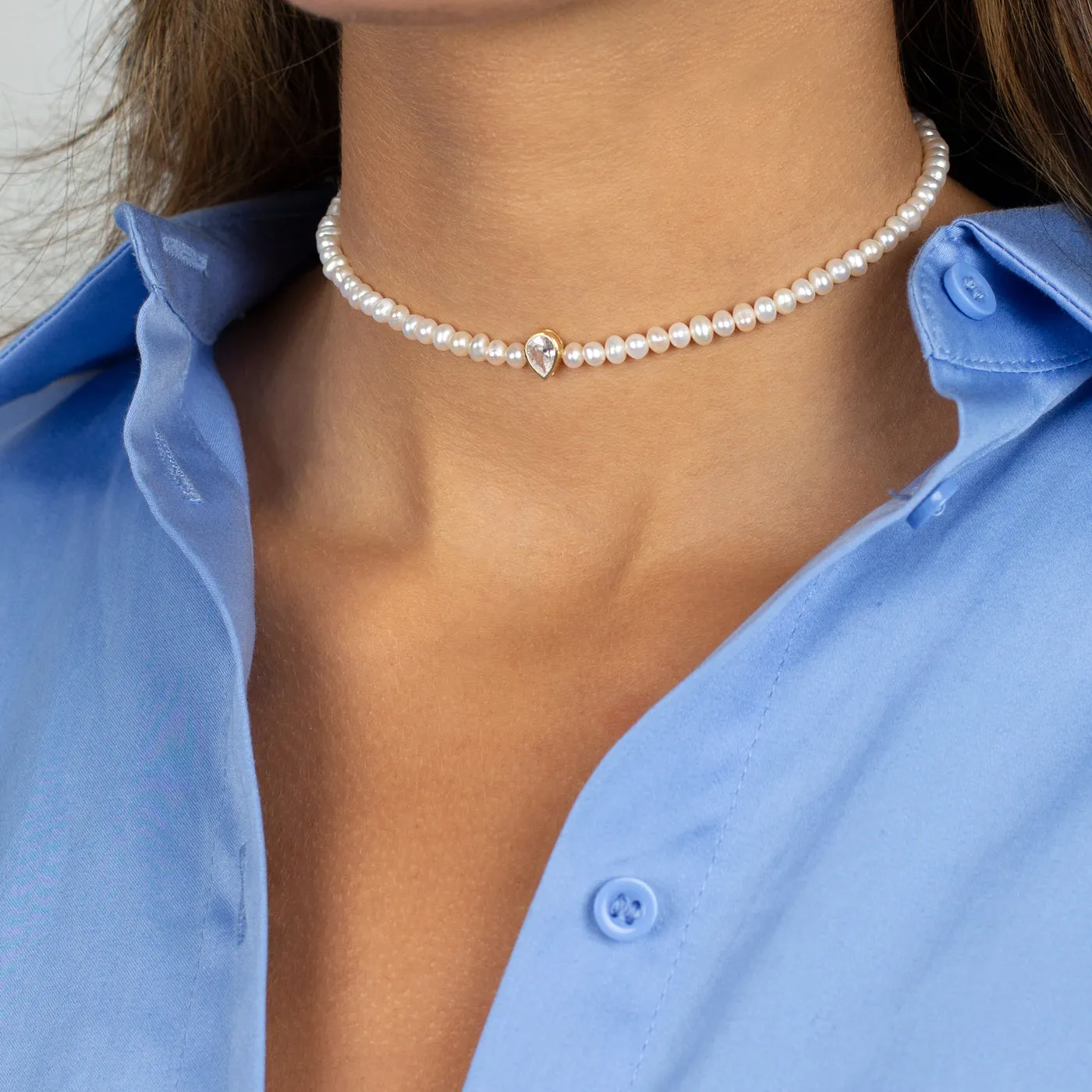 CZ Teardrop Bezel Pearl Choker