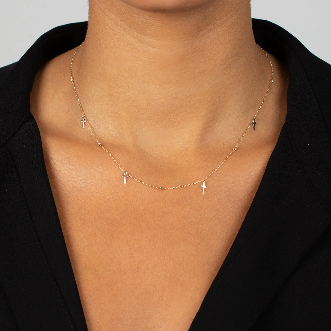 Dangling Cross Moon Cut Chain Necklace 14K