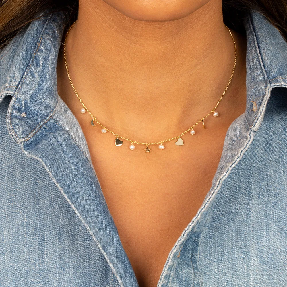 Dangling Multi Charms & Pearls Necklace