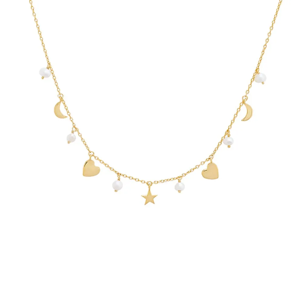 Dangling Multi Charms & Pearls Necklace