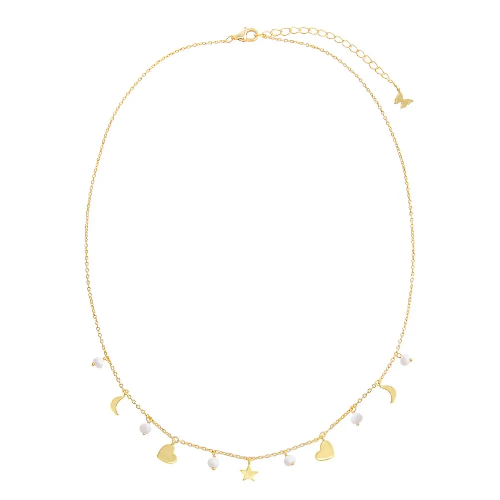 Dangling Multi Charms & Pearls Necklace