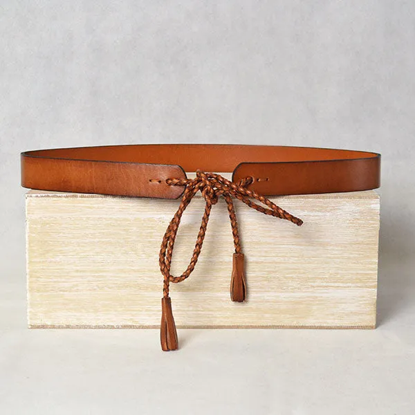 Darlinghurst |  Tan Slim Leather Waist Belt with Braided tie