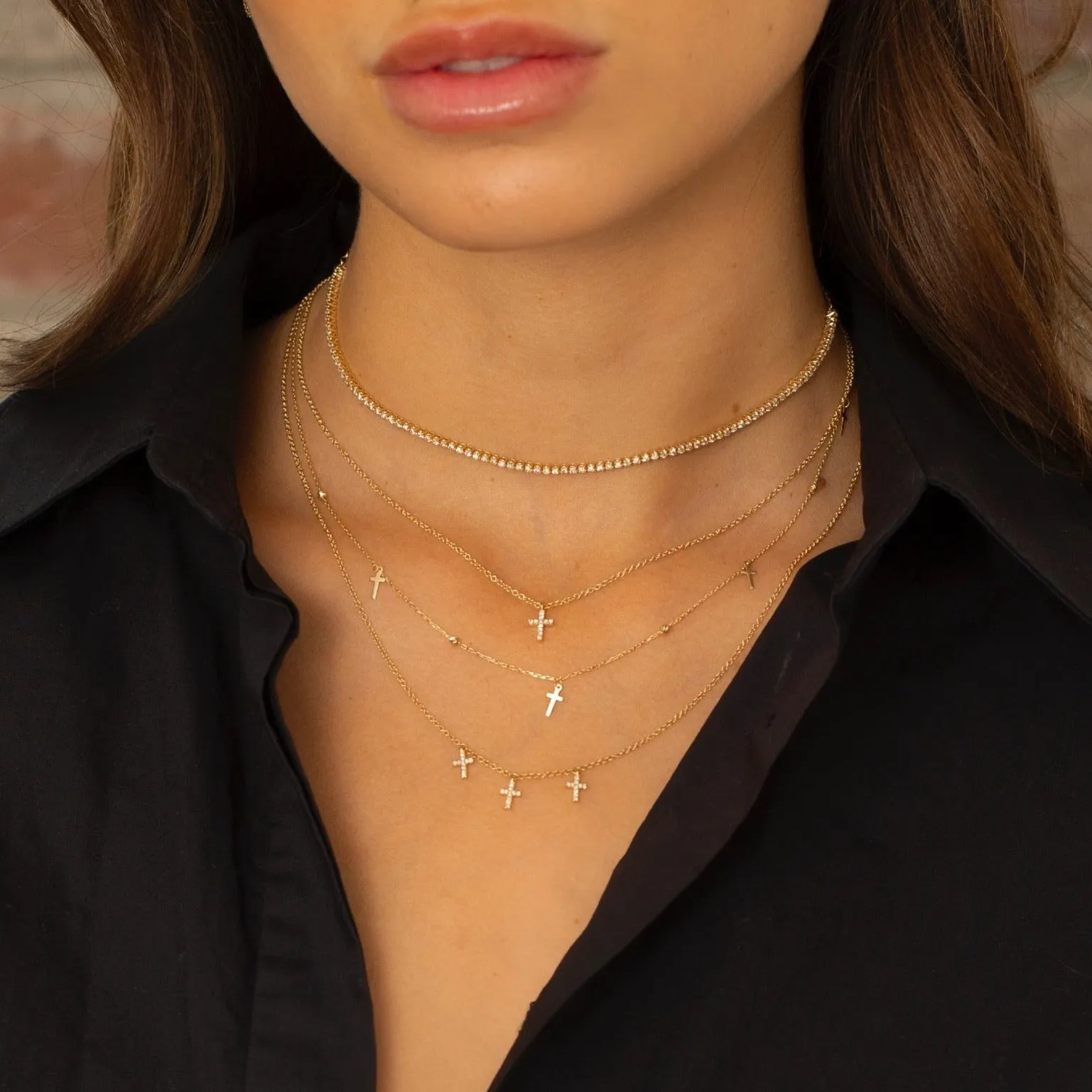 Diamond Multi Dangling Pave Cross Necklace 14K
