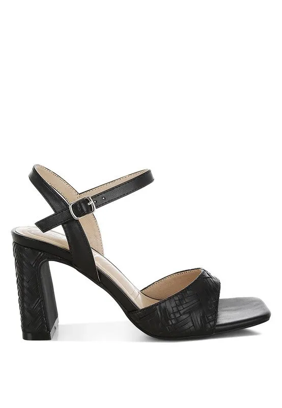 Elana Textured Heels – Vegan Leather, Square Toe, Block Heel, 3" Sandals