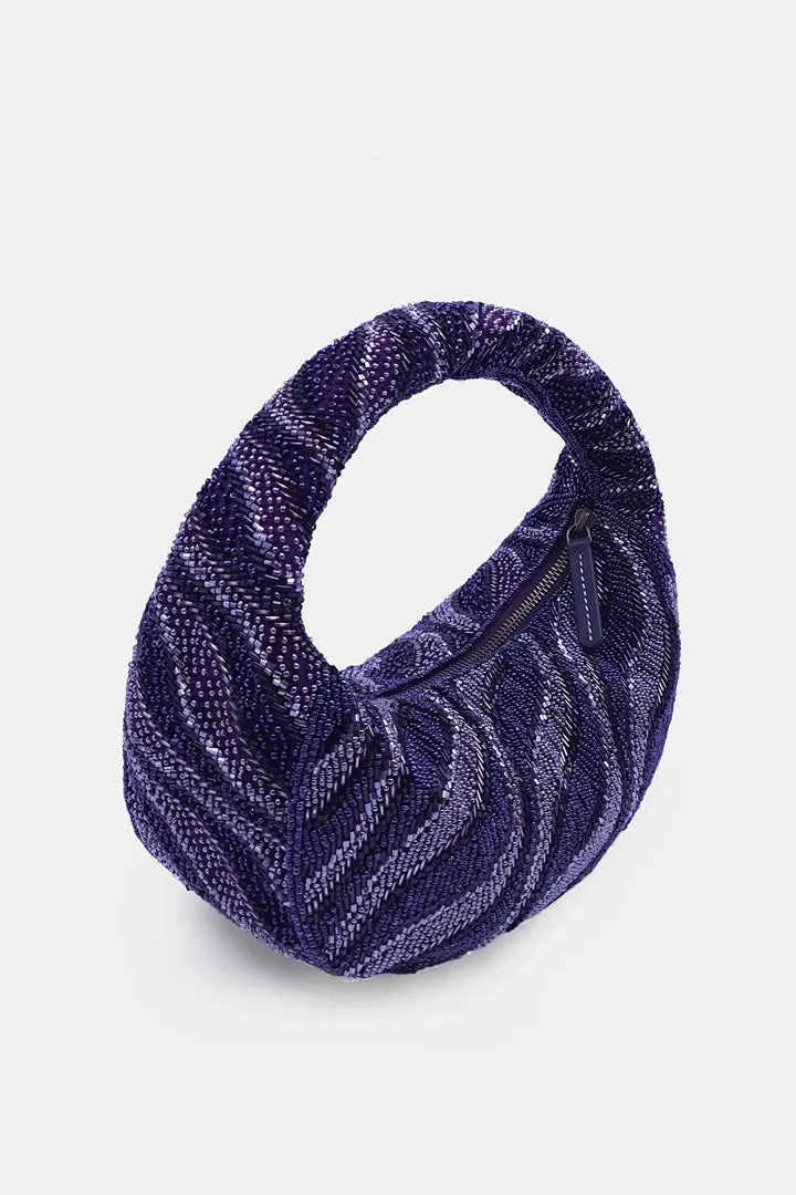 Embroidered Plum Beaded Clutch Bag with Zip Closure.