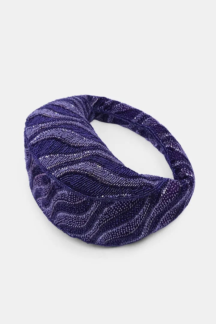 Embroidered Plum Beaded Clutch Bag with Zip Closure.