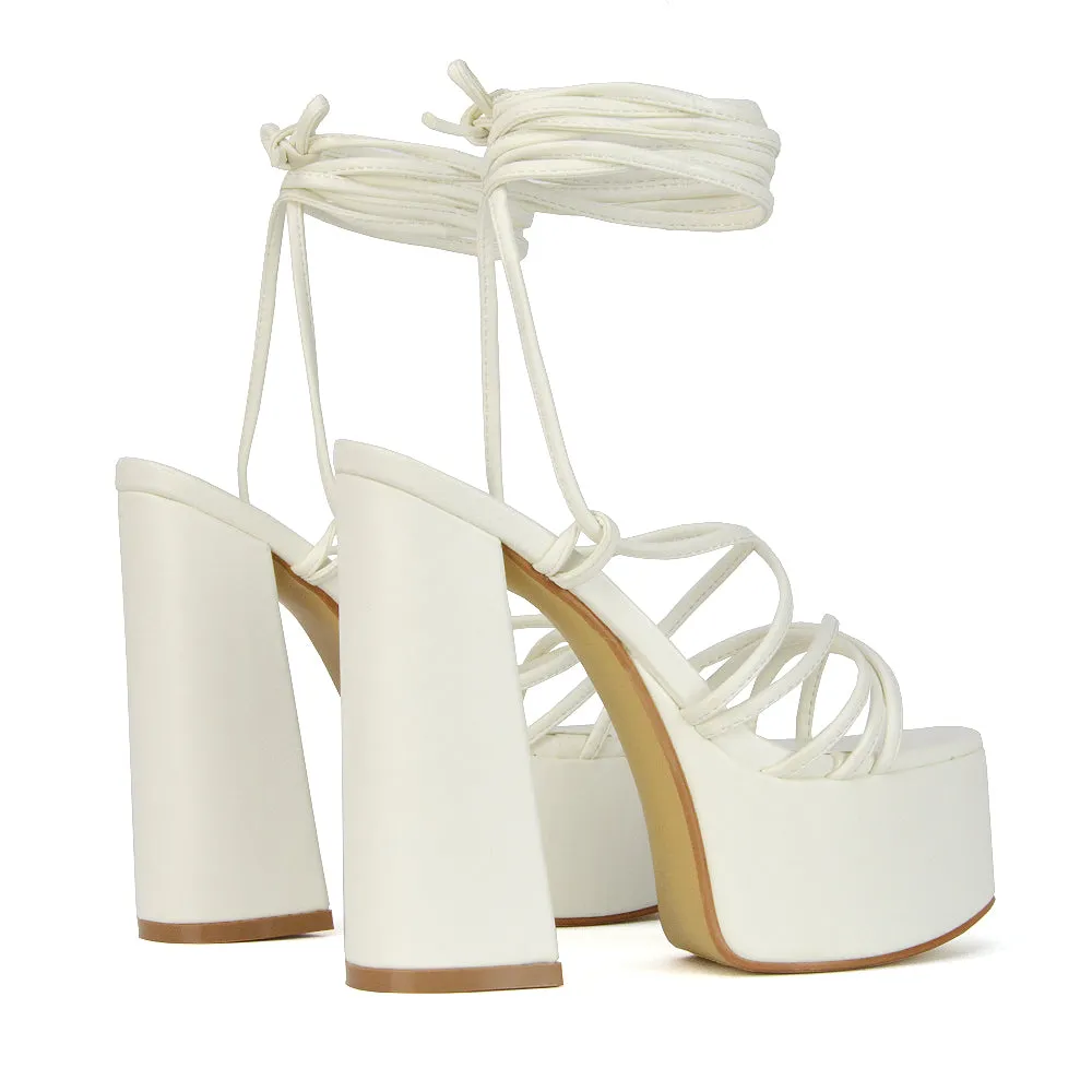 Estelle Lace Up Platform Chunky Sole Block Strappy High Heels in Green Synthetic Leather
