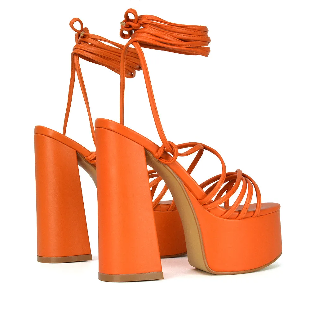 Estelle Lace Up Platform Chunky Sole Block Strappy High Heels in Green Synthetic Leather