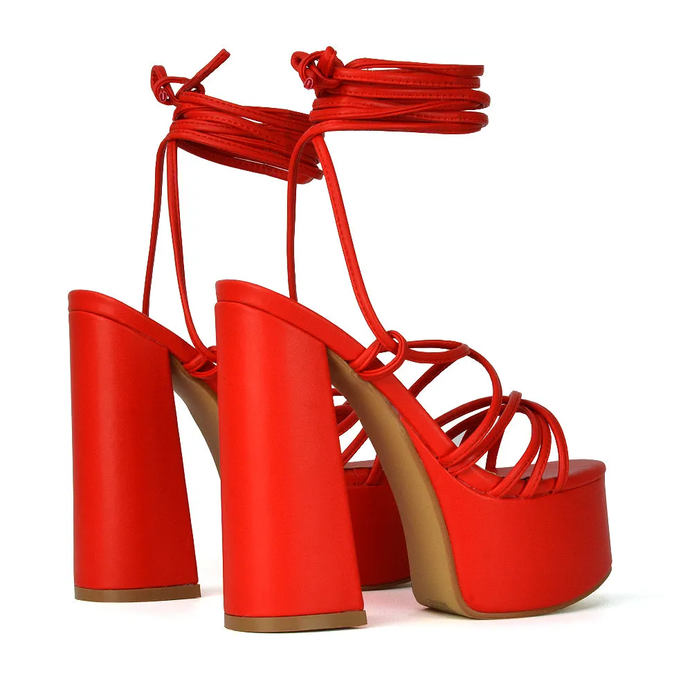 Estelle Lace Up Platform Chunky Sole Block Strappy High Heels in Green Synthetic Leather