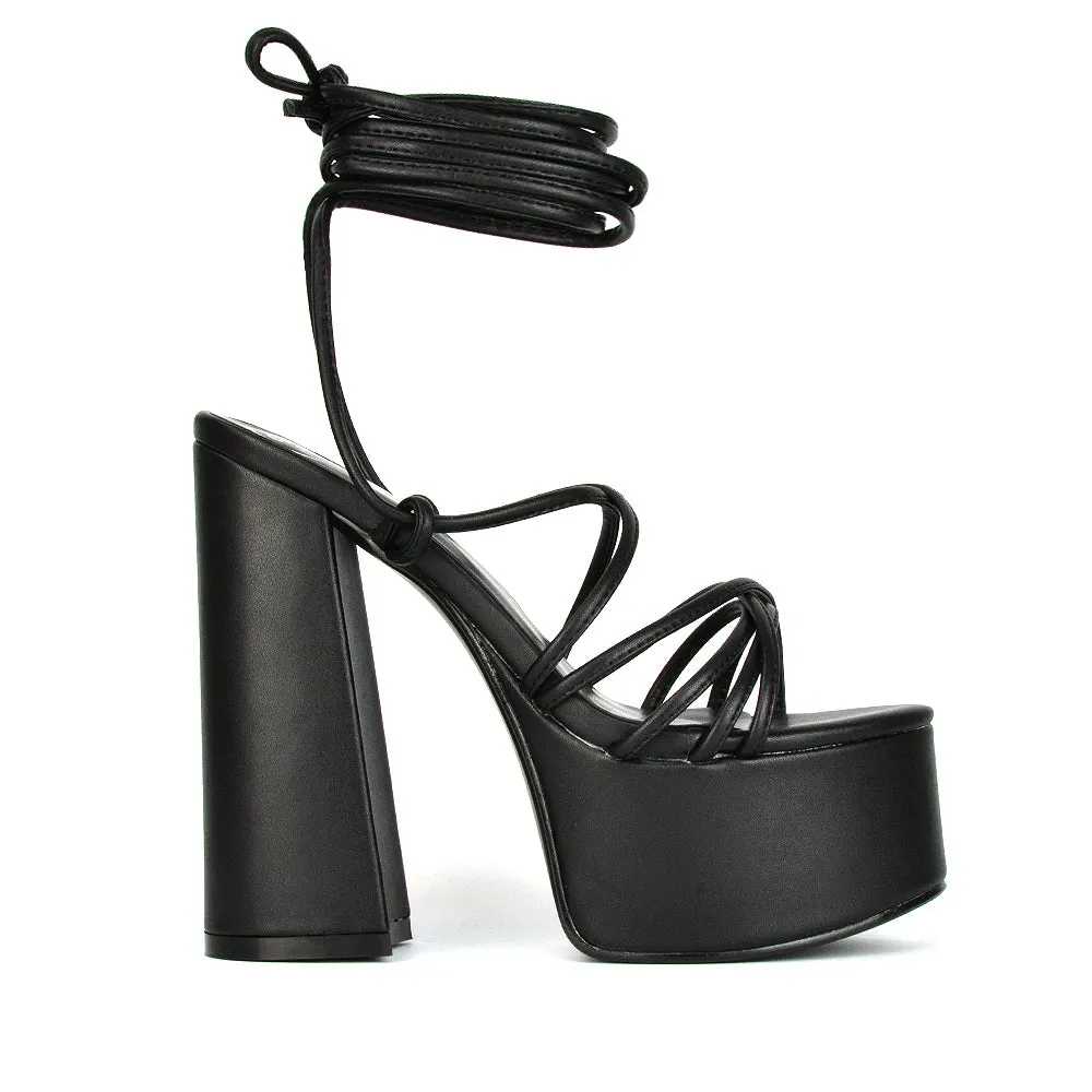 Estelle Lace Up Platform Chunky Sole Block Strappy High Heels in Green Synthetic Leather