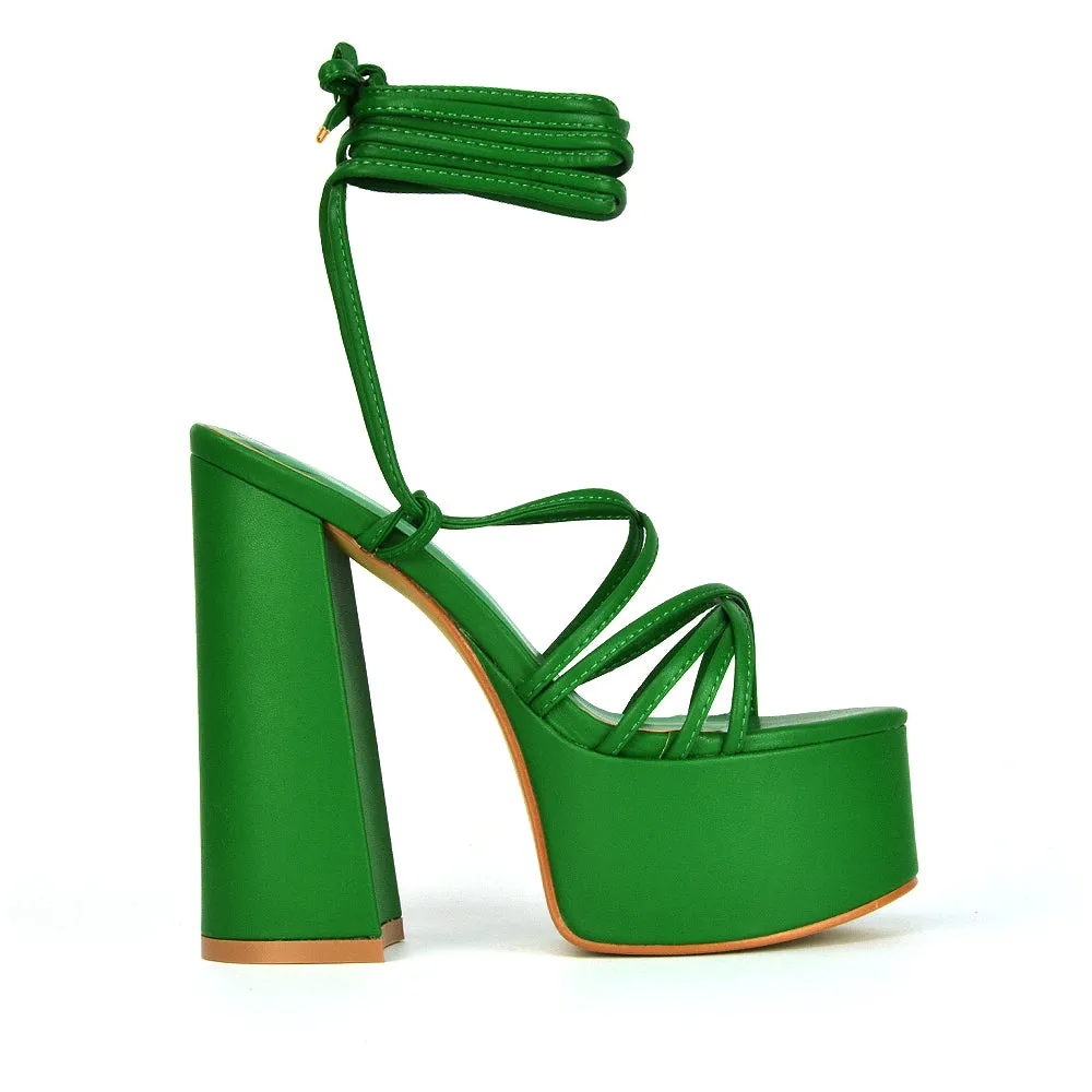 Estelle Lace Up Platform Chunky Sole Block Strappy High Heels in Green Synthetic Leather