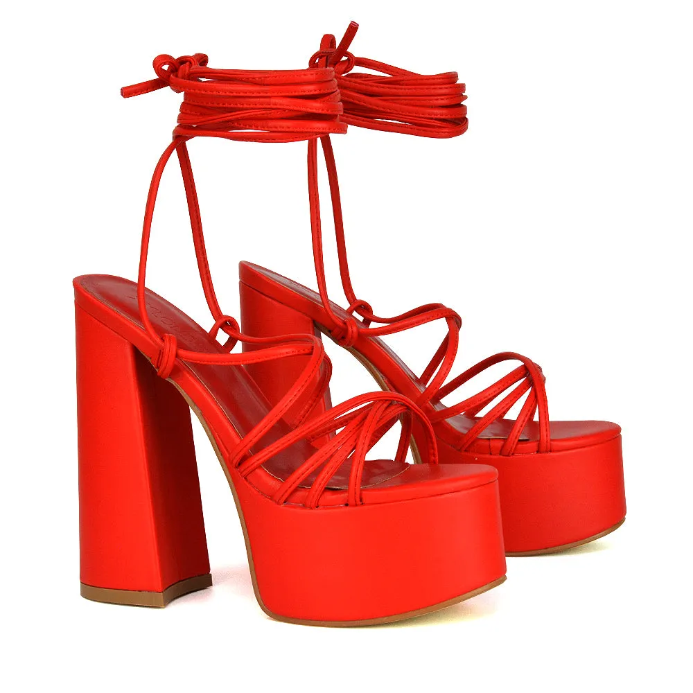 Estelle Lace Up Platform Chunky Sole Block Strappy High Heels in Green Synthetic Leather