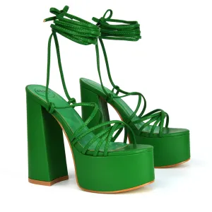 Estelle Lace Up Platform Chunky Sole Block Strappy High Heels in Green Synthetic Leather