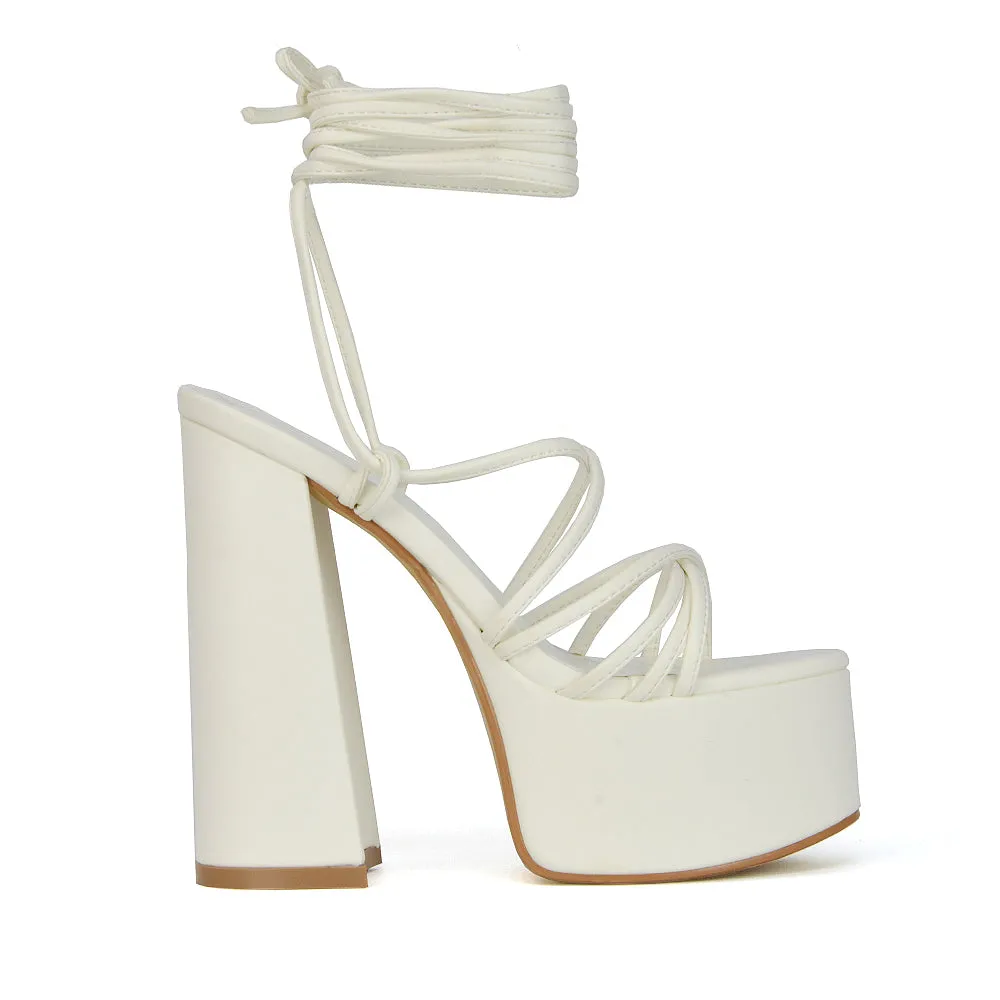 Estelle Lace Up Platform Chunky Sole Block Strappy High Heels in Green Synthetic Leather