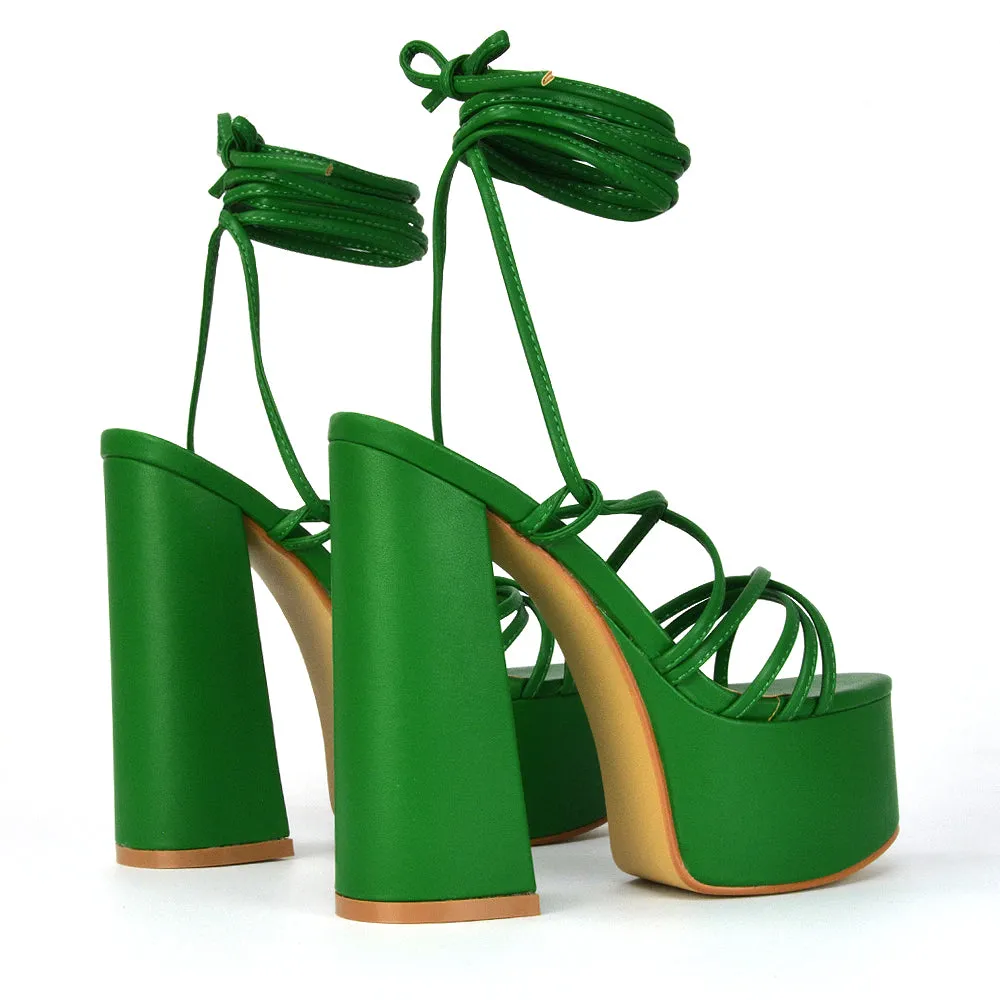 Estelle Lace Up Platform Chunky Sole Block Strappy High Heels in Green Synthetic Leather