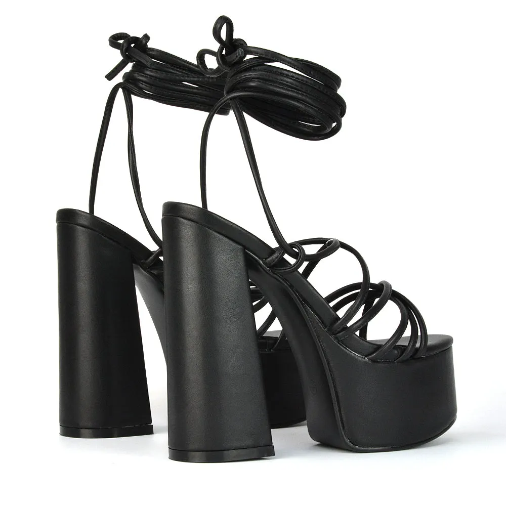 Estelle Lace Up Platform Chunky Sole Block Strappy High Heels in Green Synthetic Leather